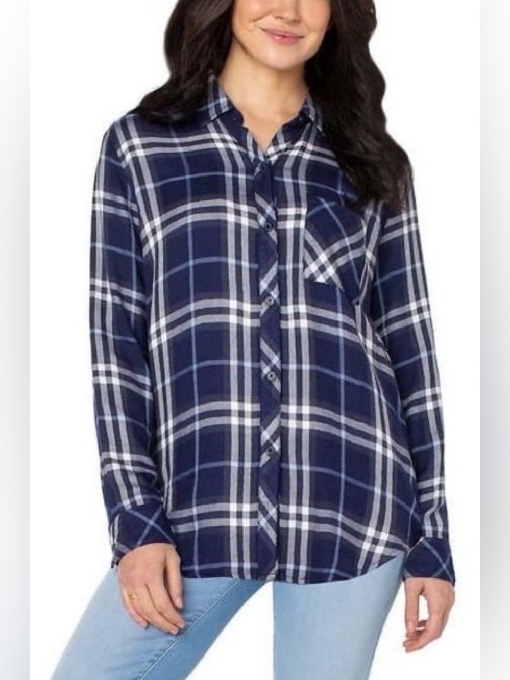 Well Worn Women's Long Sleeve Button Down Shirt Navy Sky Plaid, SIZE Medium